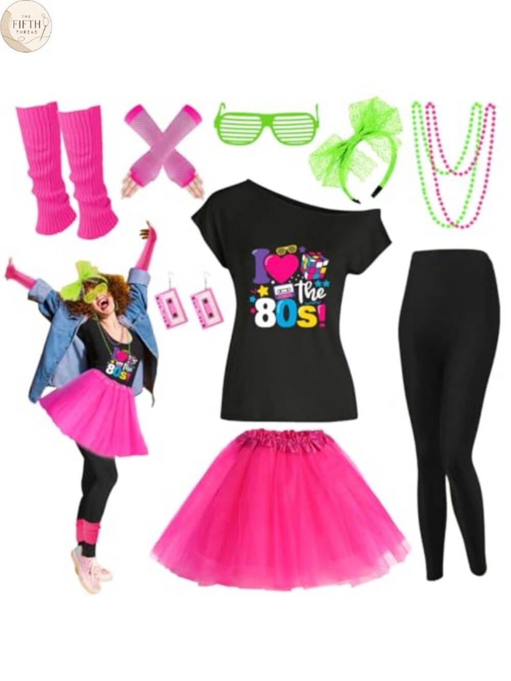 80s Costume Accessories Set T Shirt Leggings Tutu Gloves Fishnet Party Adult
